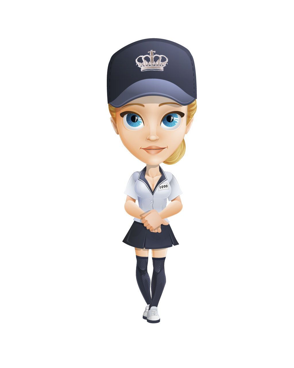 Blonde persoon in uniform, met pet met kroon, staat met de handen ineengevouwen.