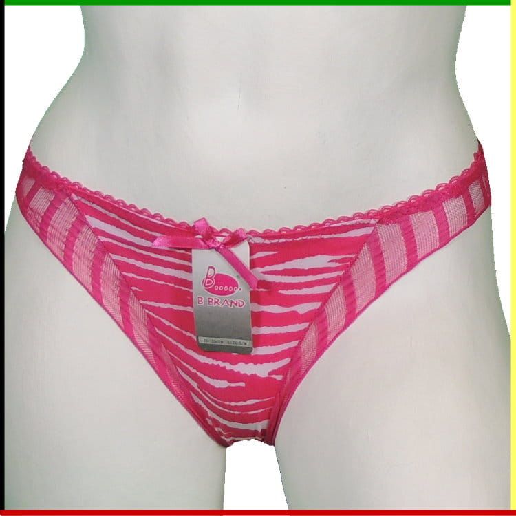Witte mannequin torso met roze zebraprint string, voor- en achterkant.