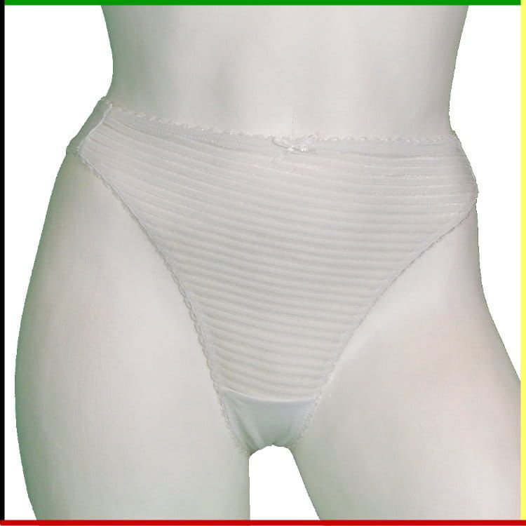 Vrouwenlichaam van een mannequin, voor- en achterkant, met een beige string aan.