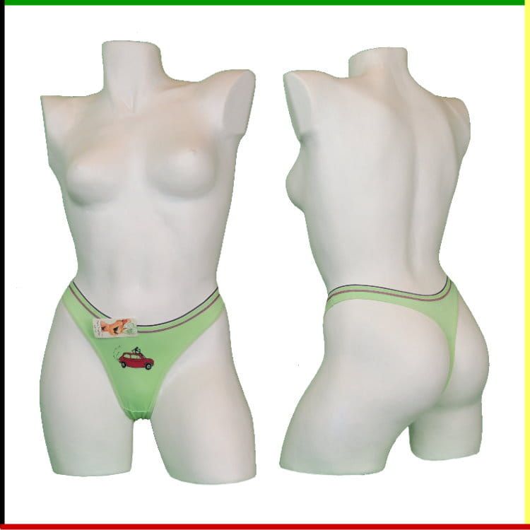 Mannequin torso met lichtgroene string. Voor- en achterkant worden getoond.