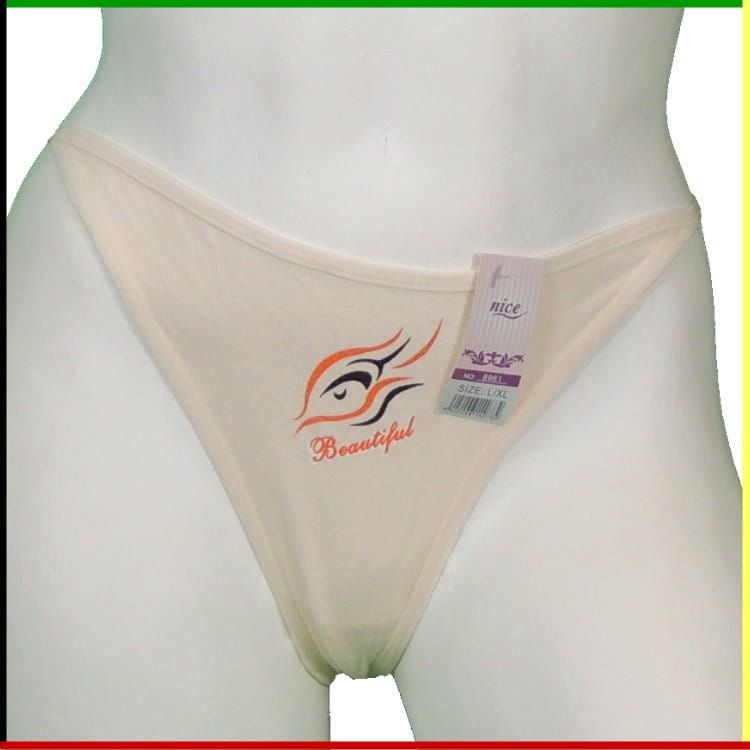 Witte mannequin torso met lichtgekleurde string, voor- en achterkant.