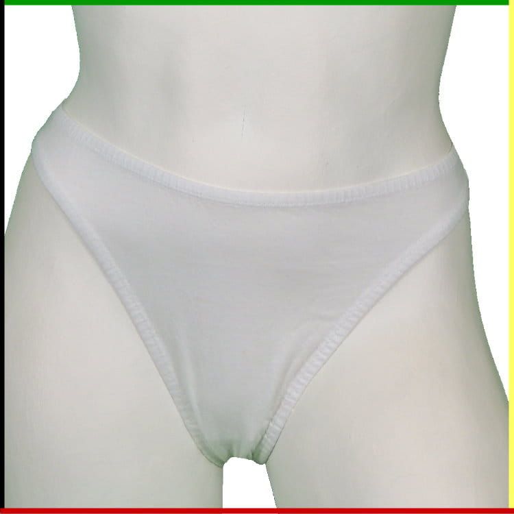 Witte vrouwelijke torso-mannequin, voor- en zijaanzicht, met wit ondergoed aan.