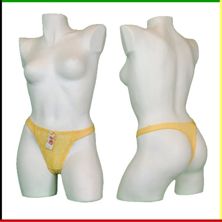 Witte mannequin torso met gele string; vooraanzicht en zijaanzicht.