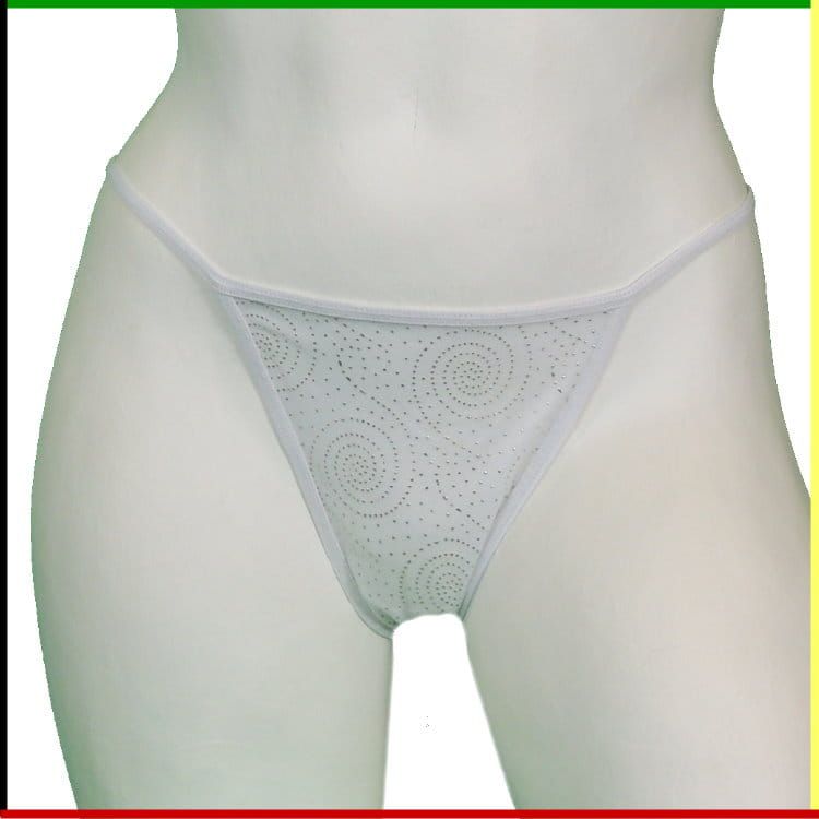 Witte mannequin torso, voor- en zijaanzicht, met witte kanten string.