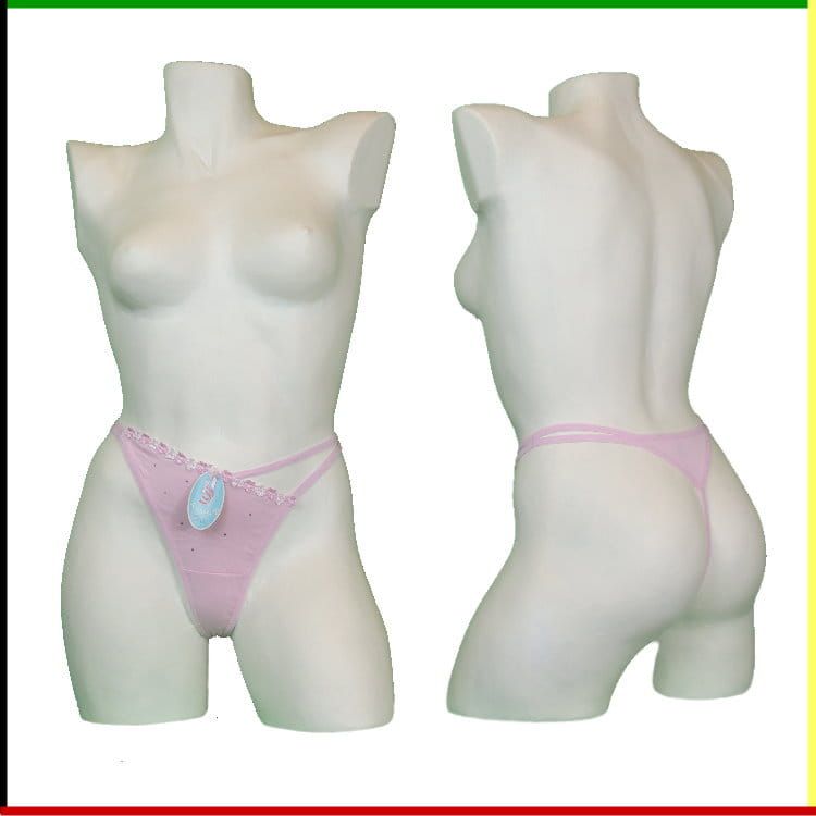 Witte torso-mannequin met een roze string; voor- en achterkant.