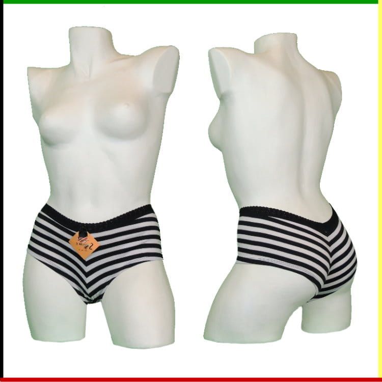 Twee mannequins dragen zwart-wit gestreept ondergoed.