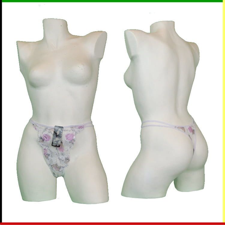 Witte mannequin torso met bloemenstring, voor- en achterkant.