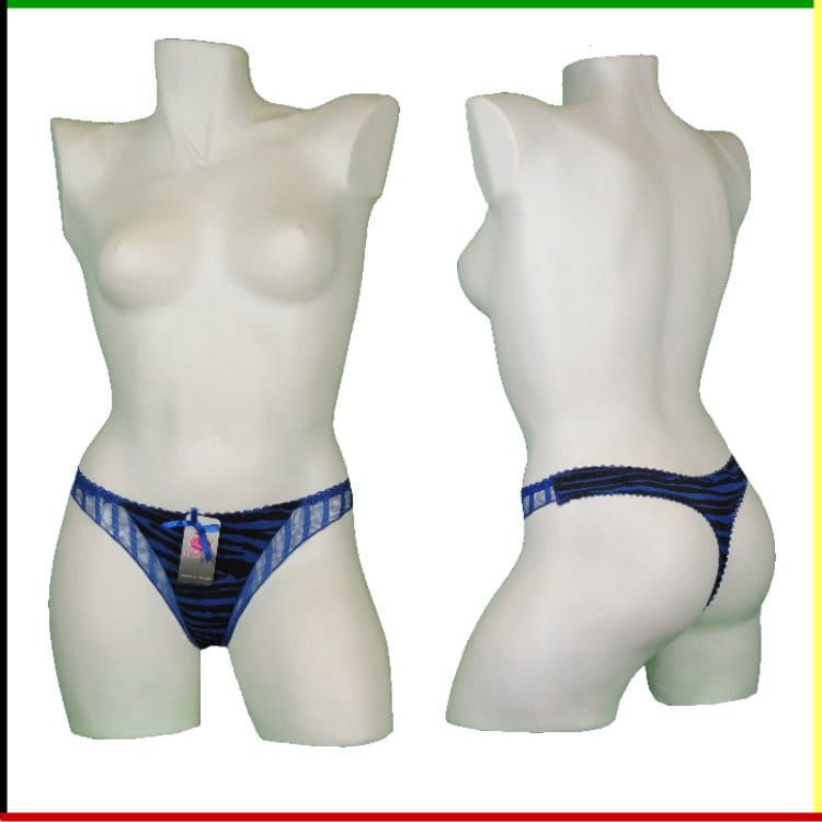 Mannequin met een blauw-zwarte string. Vooraanzicht en achteraanzicht.