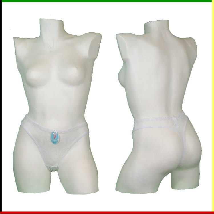 Witte mannequin torso, voor- en achterkant, met een witte string aan.