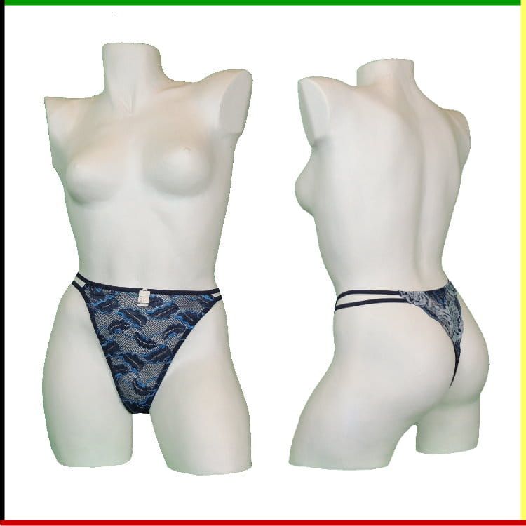 Mannequin met blauwe string met patroon; voor- en achterkant.