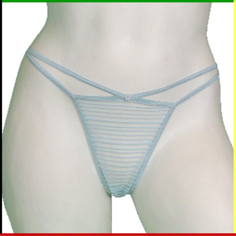 Vrouwenlichaam van een mannequin, voor- en achterkant, met een lichtblauwe string aan.