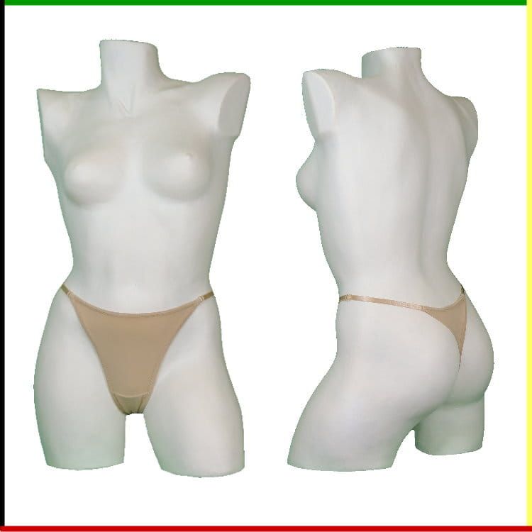 Witte torso-mannequin met beige string, voor- en zijaanzicht.