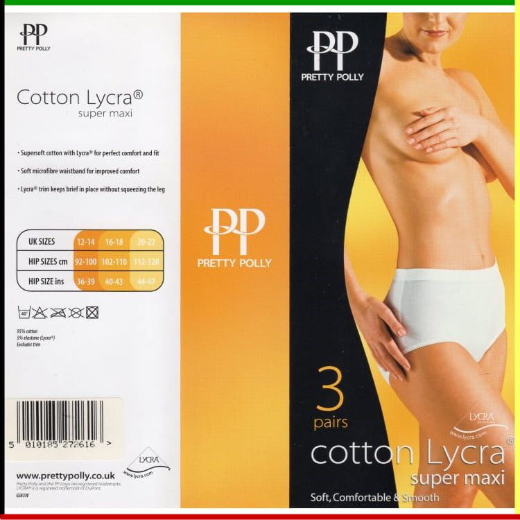 Verpakking met damesondergoed; wit en oranje design, vrouw op de verpakking draagt ​​het product.