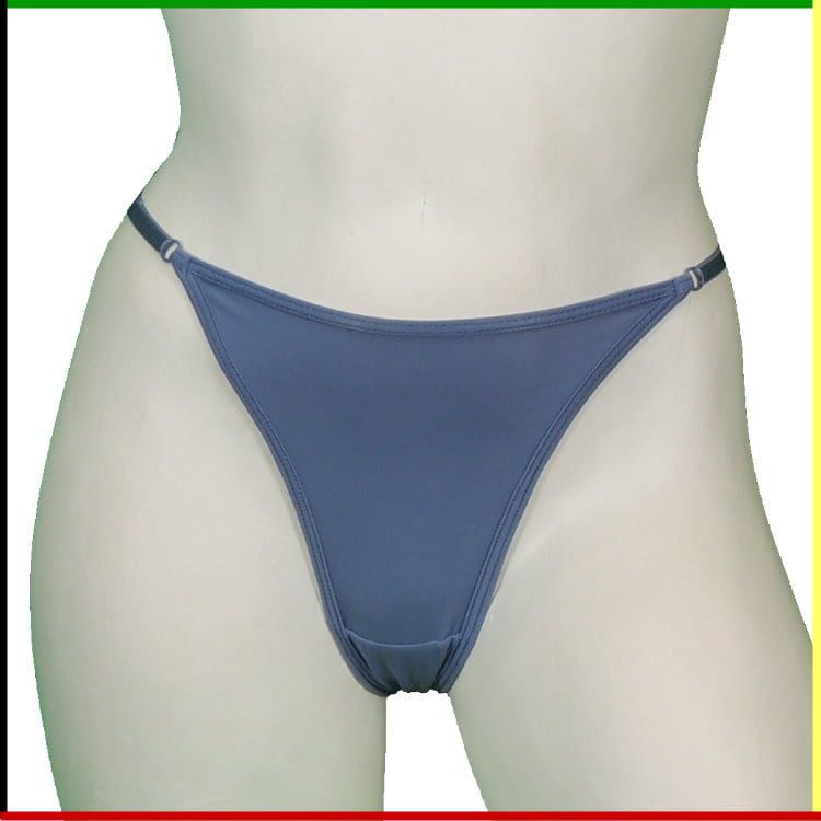 Witte mannequin torso met blauwe string, voor- en achterkant.