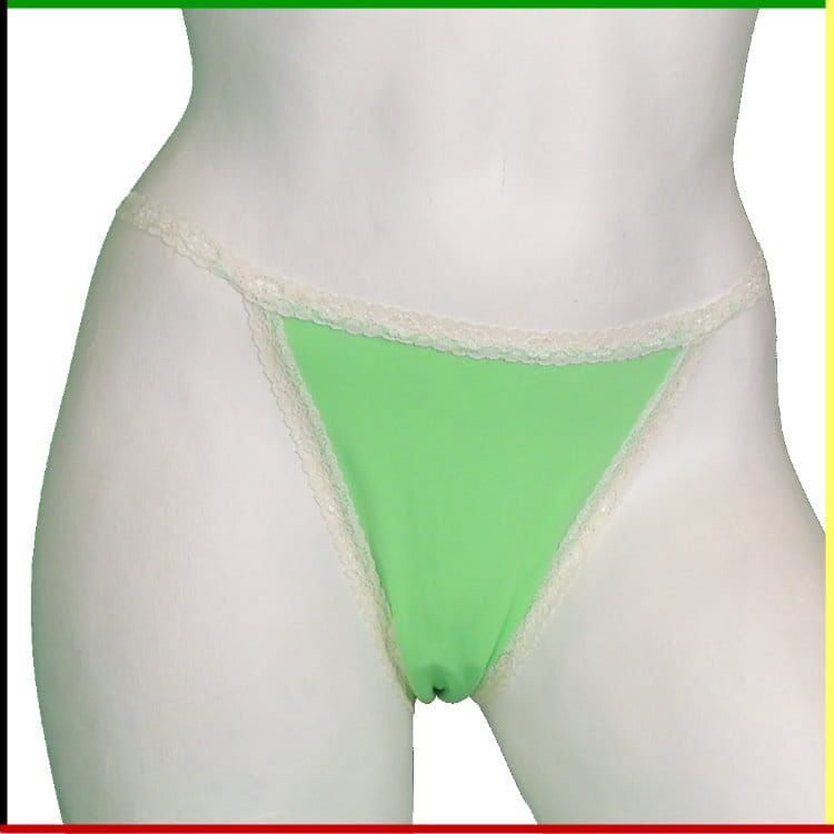 Vrouwenlichaamsmodel met groene string. Vooraanzicht en zijaanzicht.