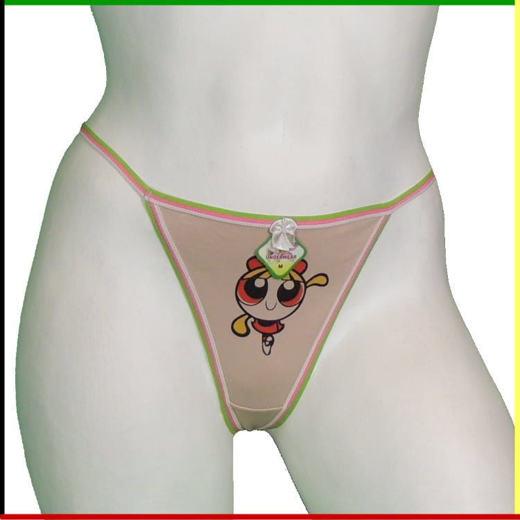 Een torso van een mannequin met een string aan. De string is lichtbruin met een cartoonachtig ontwerp. Zowel de voor- als achterkant zijn te zien.