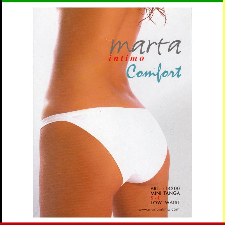 Vrouw met wit bikinibroekje; productreclame voor lingerie van het merk "Marta Intimo Comfort".