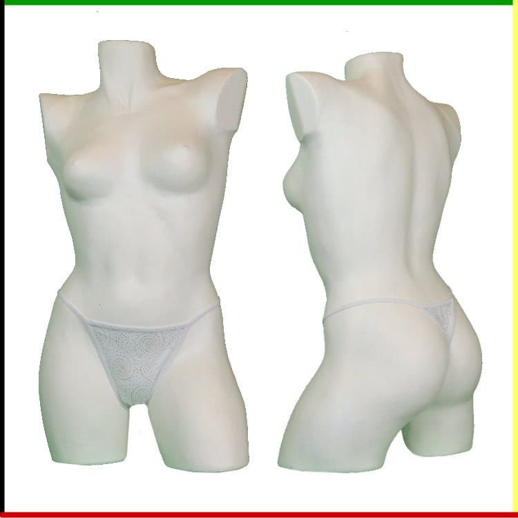 Witte mannequin torso, voor- en zijaanzicht, met witte kanten string.