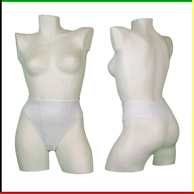 Witte mannequin torso met voor- en achterkant, gekleed in wit ondergoed.