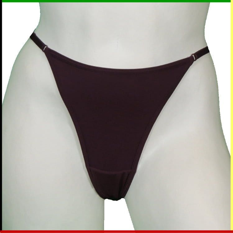 Witte vrouwelijke torso-mannequin met donkerpaarse string, voor- en achterkant.