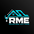 Logo for RME Seamless Gutters, featuring a house outline with dripping water, a gutter system, and the letters