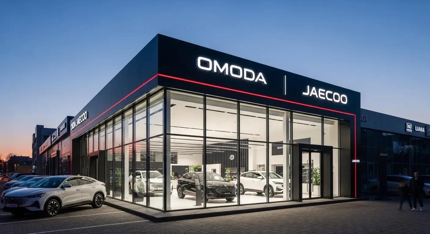 Modern car dealership storefront with DMOA and JAECOO signs at dusk