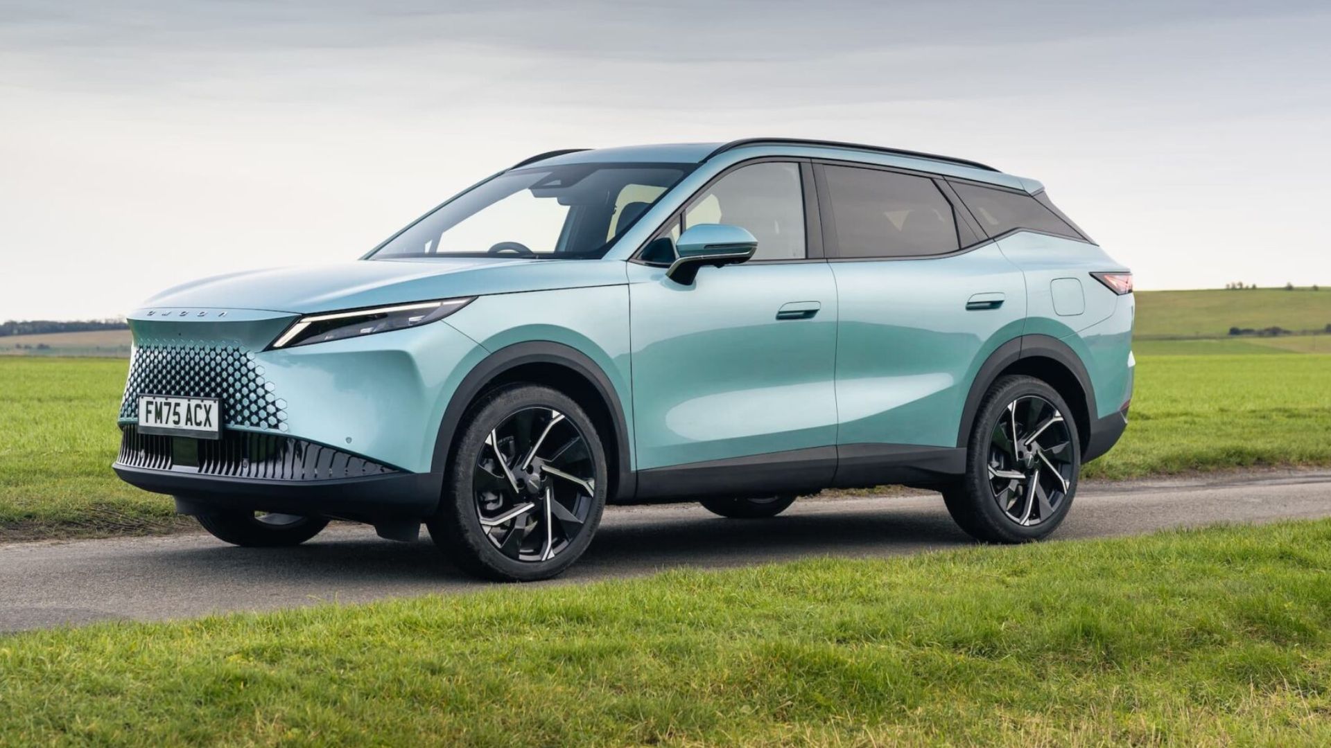 Light blue SUV parked on a grassy roadside under a cloudy sky