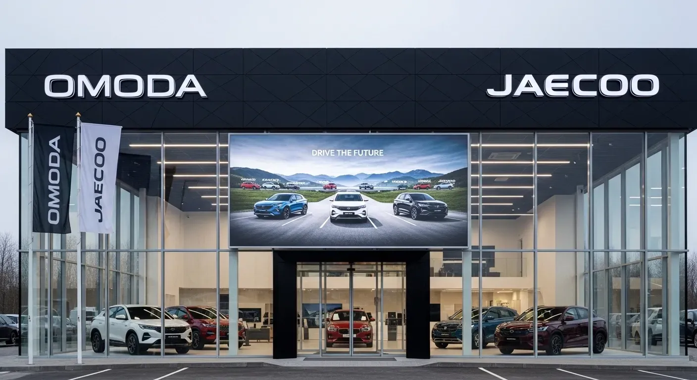 OMODA and JAECOO car showroom exterior with vehicles displayed inside