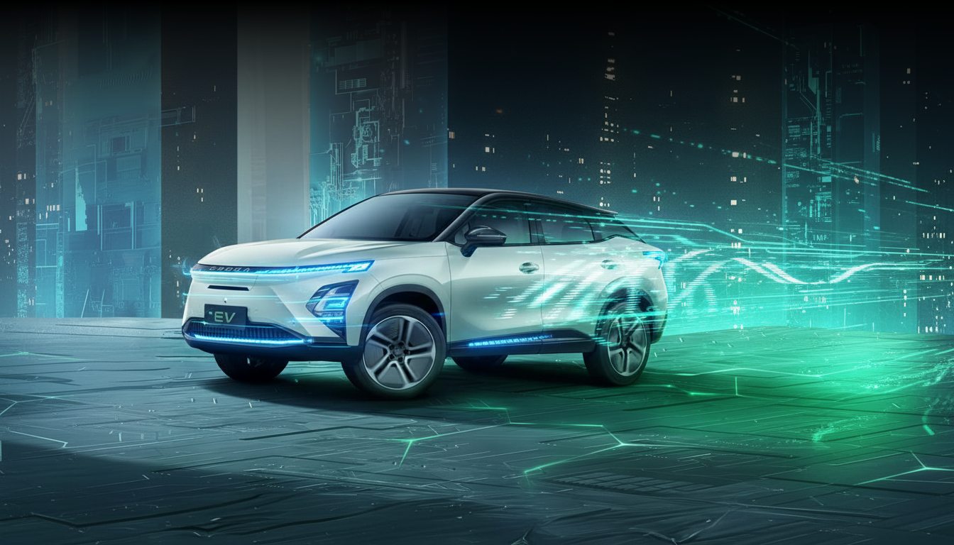 White futuristic electric SUV on a glowing digital city street, with green data trails behind it