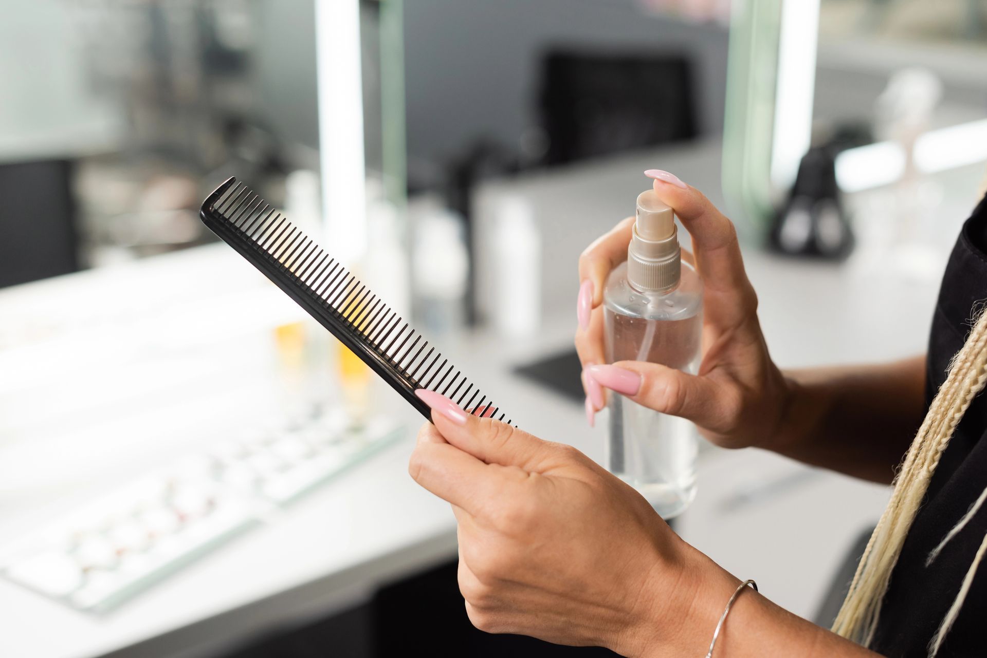 Mani che reggono un pettine e un flacone spray vicino a un lavandino o a una postazione per lo styling in un salone.