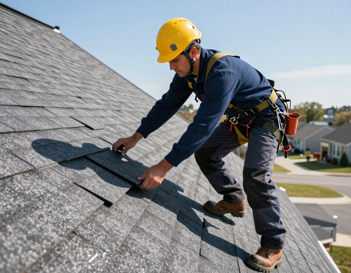 A construction worker in a yellow hard hat and safety harness installs grey shingles on a residential roof.