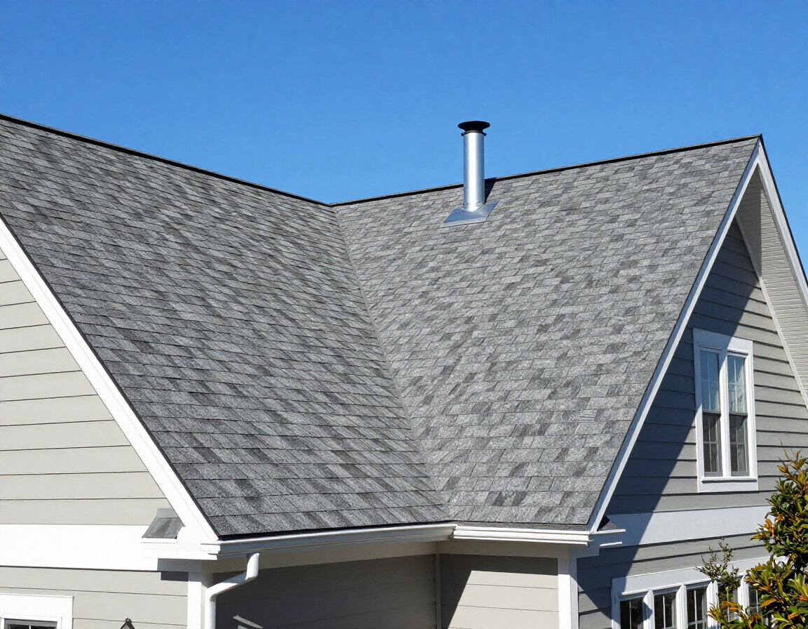 A gray shingled roof with a metal chimney against a clear blue sky, viewed from the corner of a light gray house.