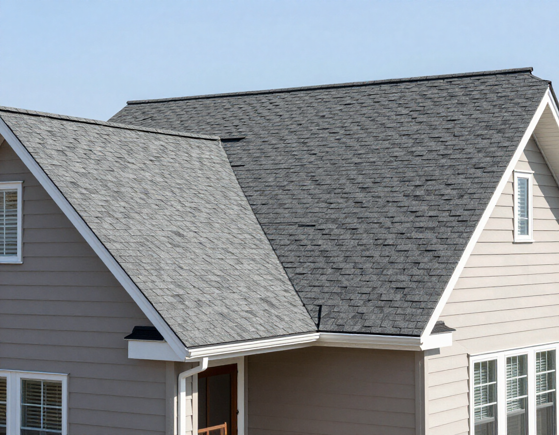 A close-up view of the roof and upper exterior of a beige, two-story house with asphalt shingles under a clear blue sky.