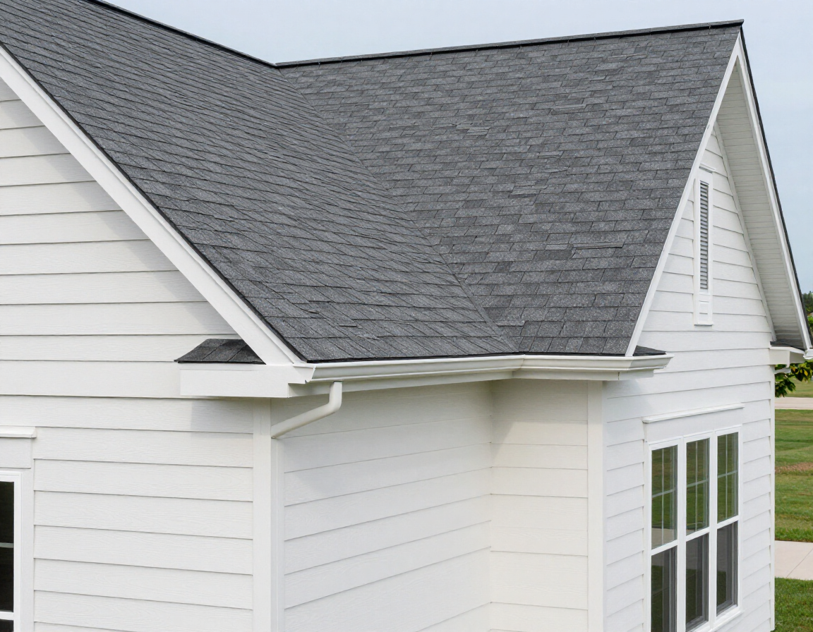 A white house exterior featuring grey shingled roofing, white siding, white gutters, and a vertical louvered gable vent.