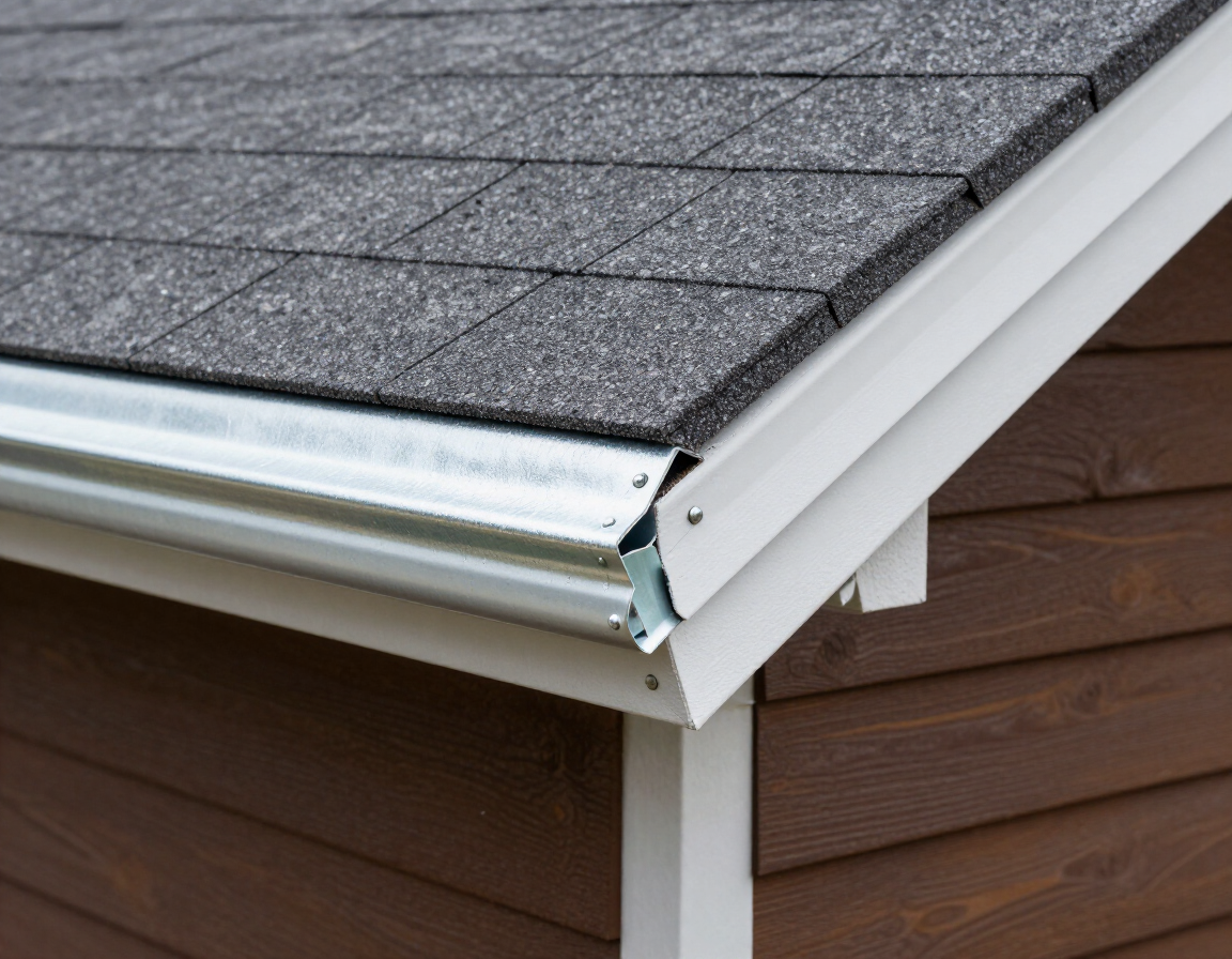 A close-up of a new metal rain gutter installed on the edge of a shingled roof against brown wooden siding.