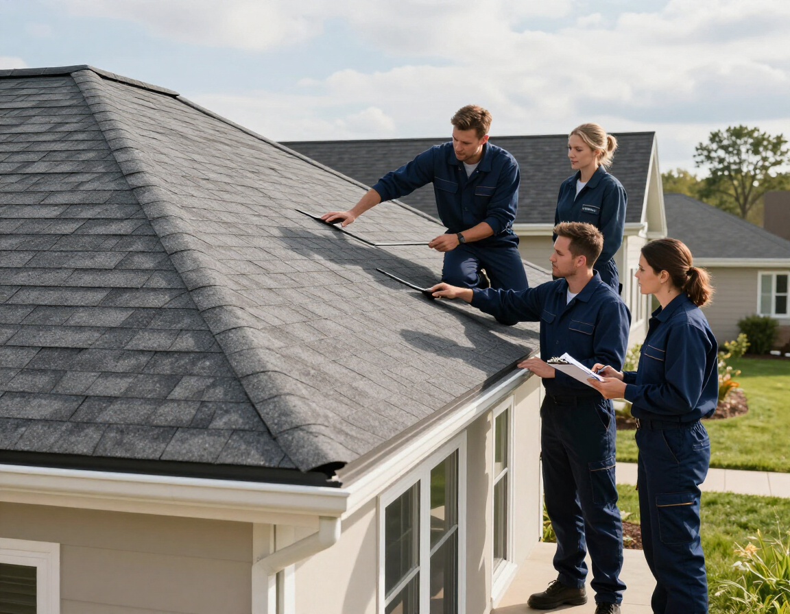 Four people in blue uniforms inspect a gray shingled roof on a house during the day.