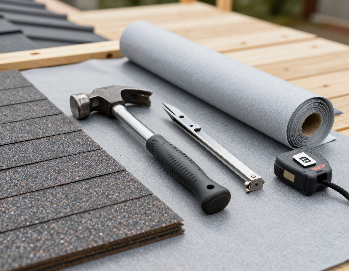 Roofing tools and materials prepared for a residential project