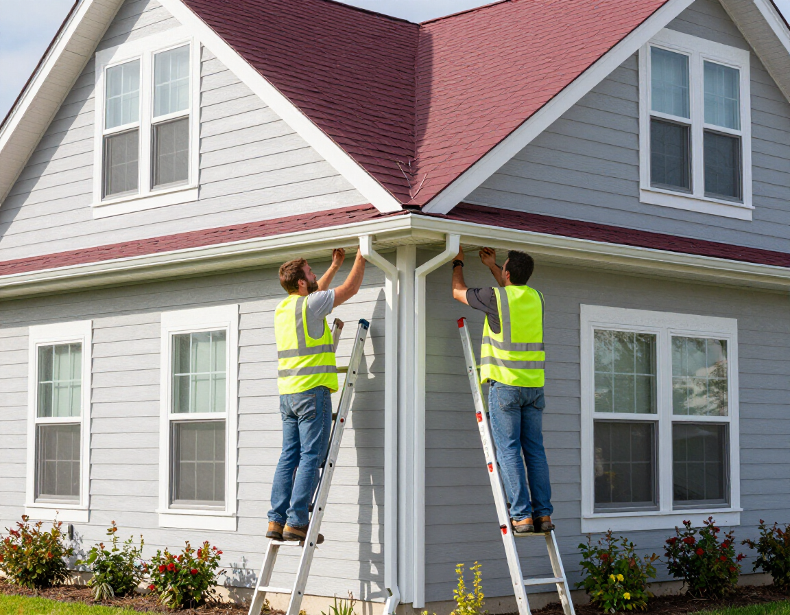 Two workers in high-visibility vests stand on ladders, installing gutters on the exterior of a light gray house.