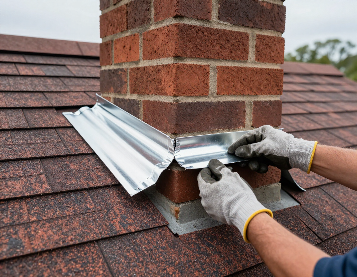 A person wearing work gloves installs metal flashing around the base of a brick chimney on a shingled roof.