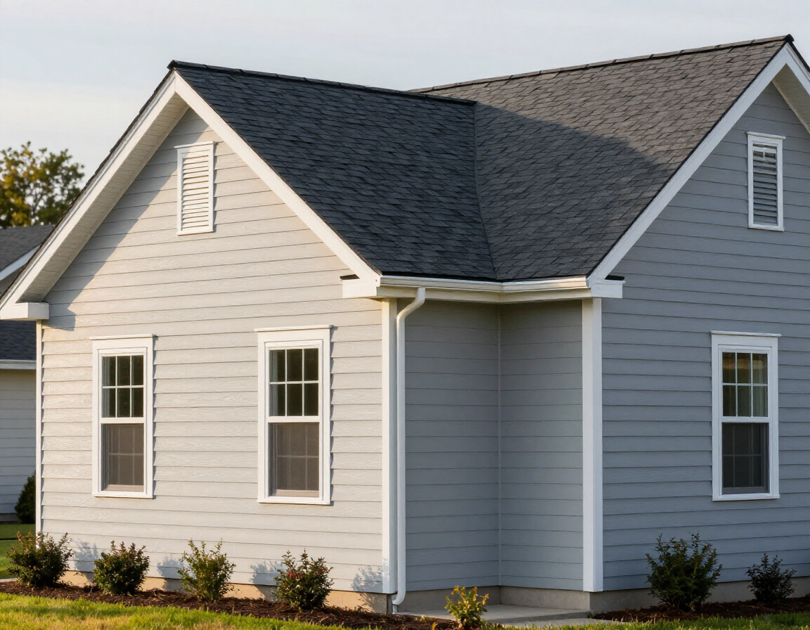 A light gray house with white trim, a dark shingled roof, and small bushes along the front foundation.