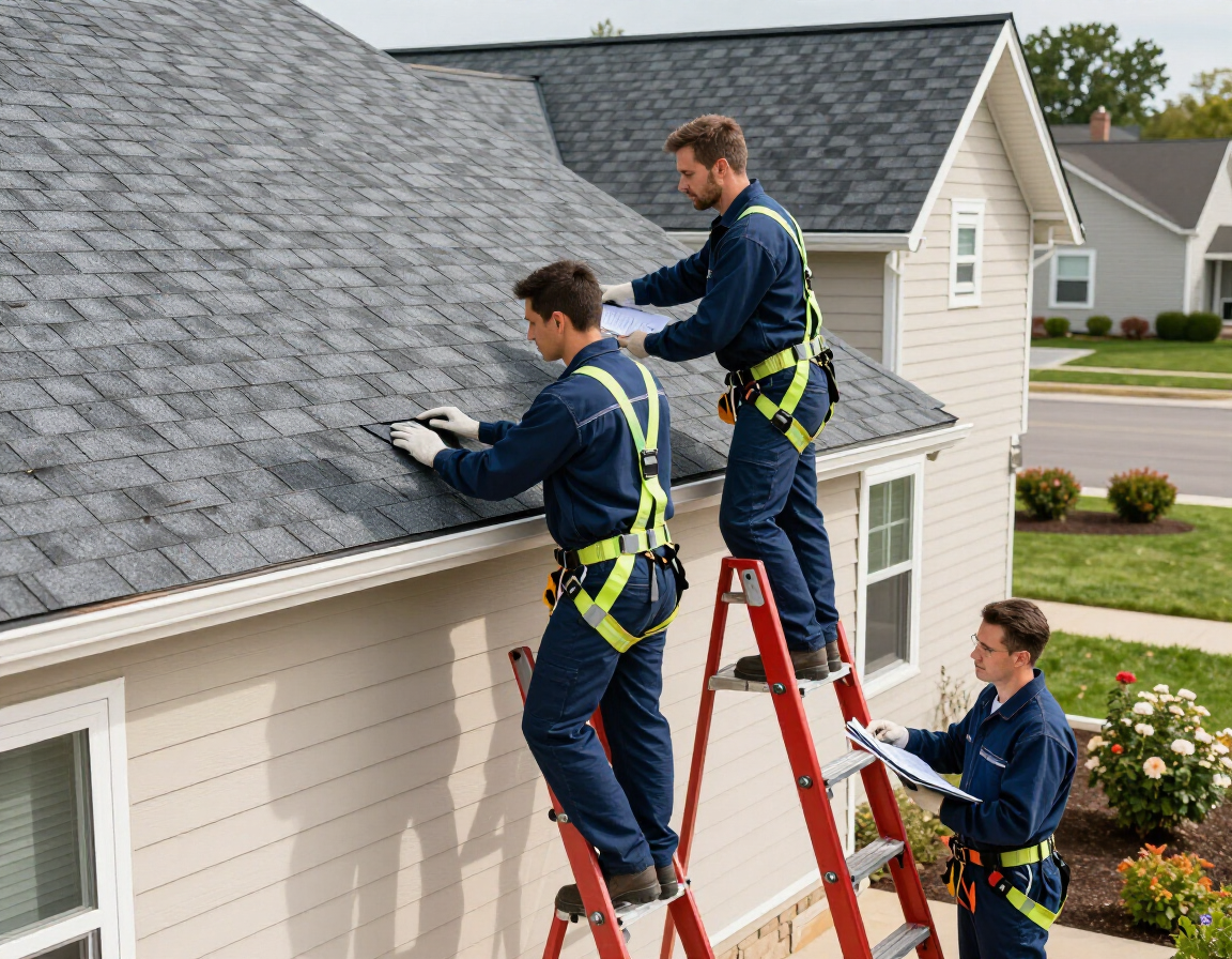 Three technicians in uniform and safety harnesses inspect a residential shingled roof using ladders and clipboards.