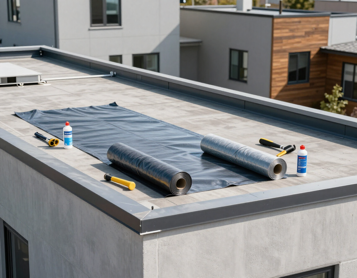 Roofing materials, including rolls of black membrane and tools, laid out on a flat concrete roof under sunny skies.
