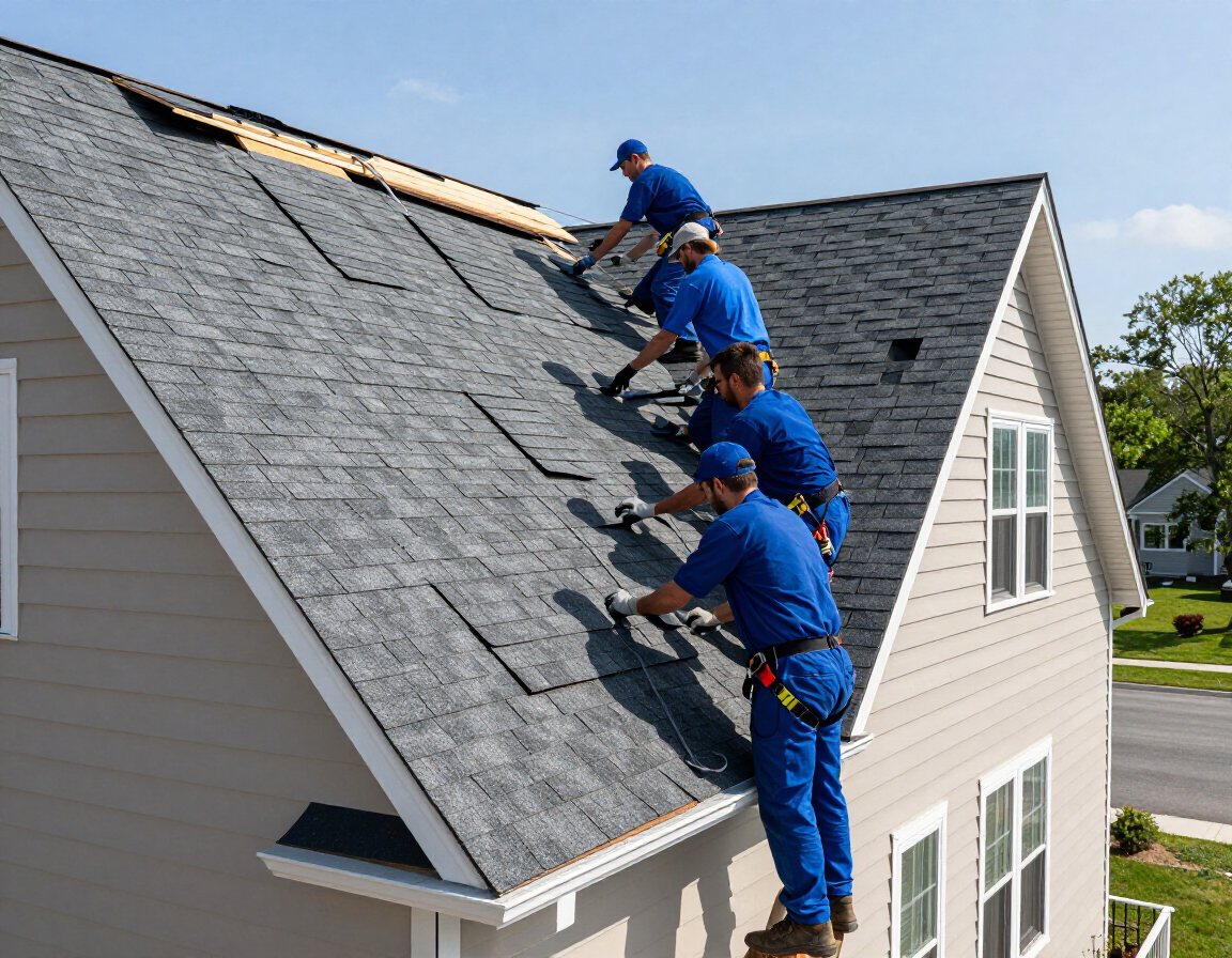 Four workers in blue uniforms install grey shingles on a residential roof.
