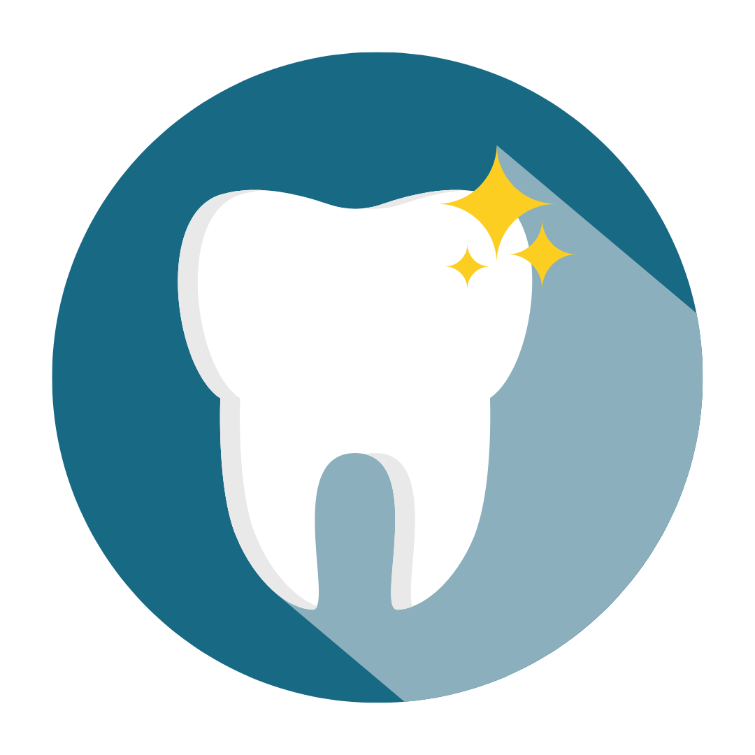 A tooth with a yellow star on it is in a blue circle.