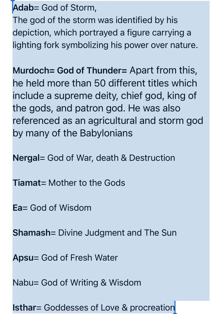 A page with a list of gods and their titles
