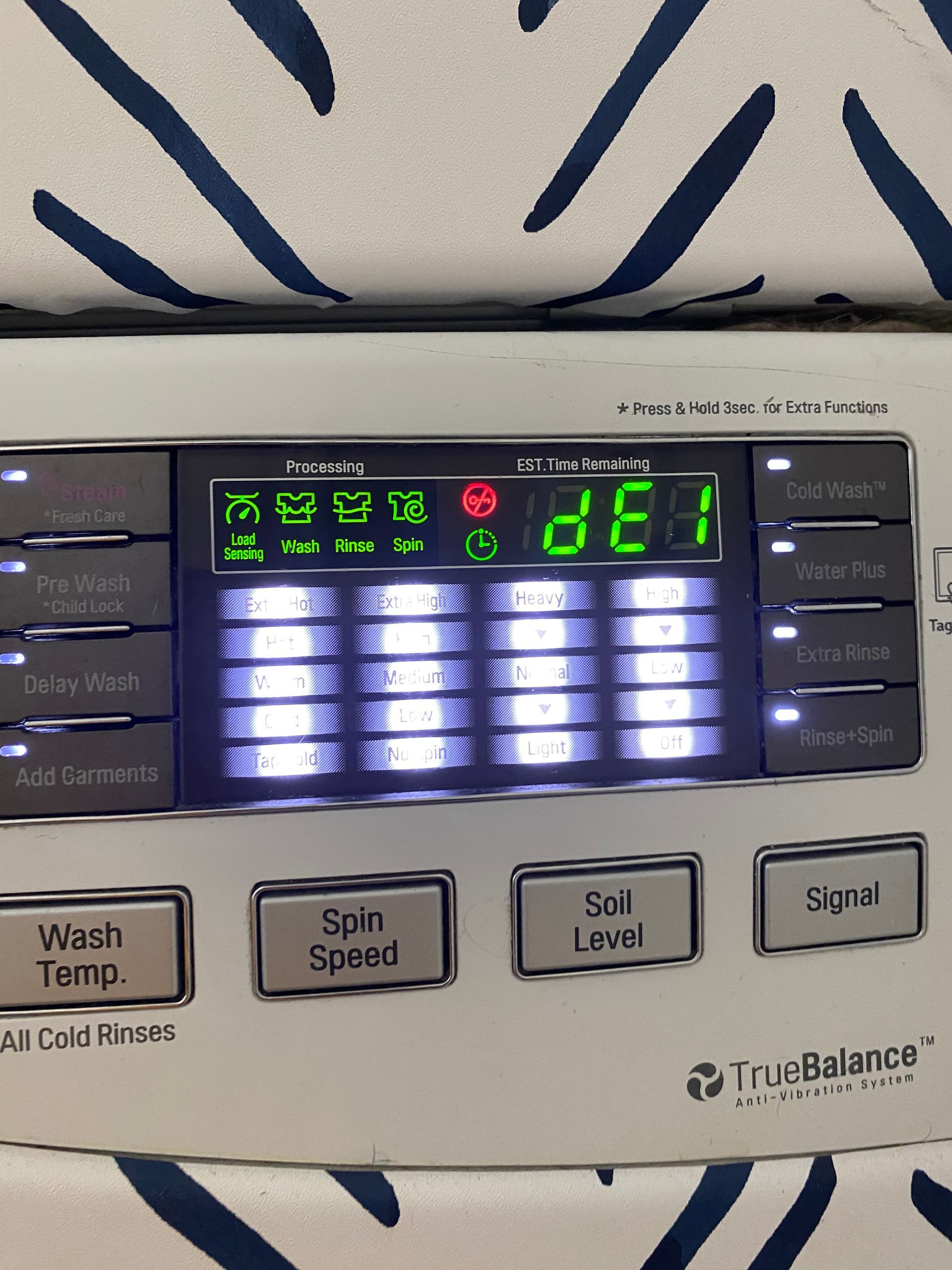 Washing machine control panel displaying 