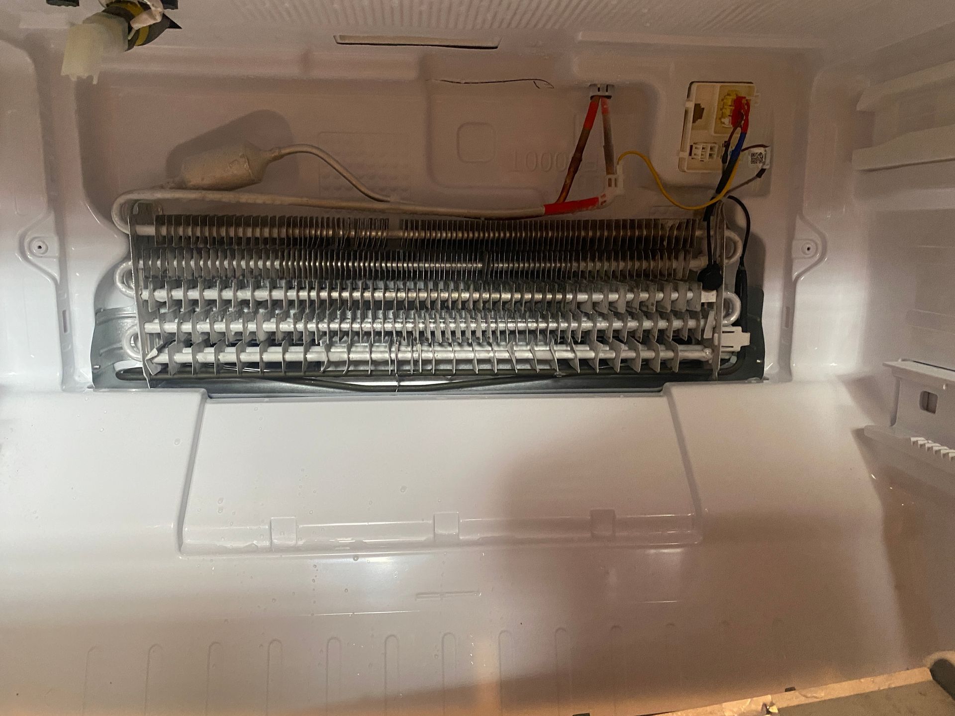 Inside of a refrigerator, a frost-covered evaporator coil is visible.