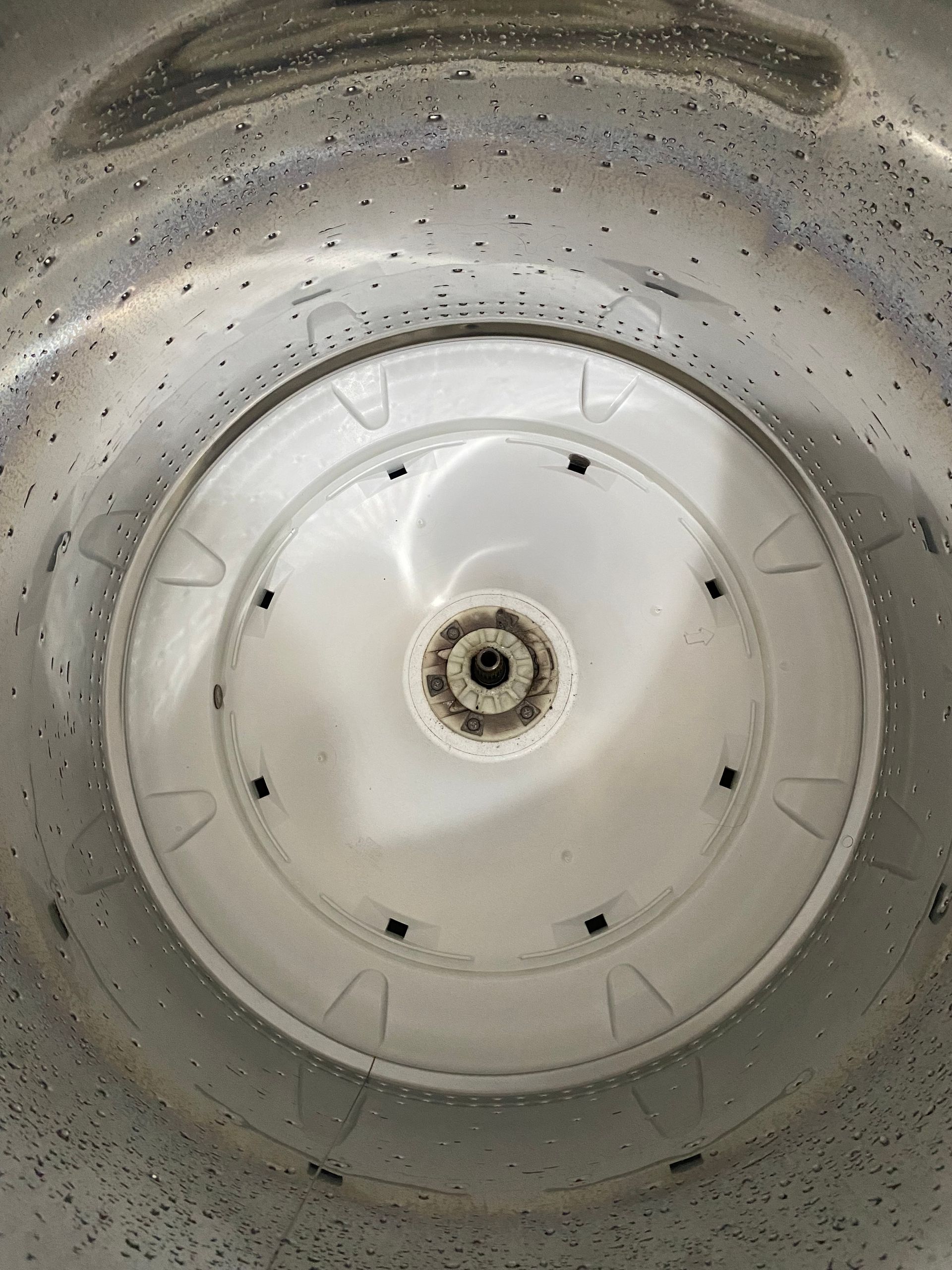 Interior of a washing machine drum, with a white agitator in the center. The drum is silver.
