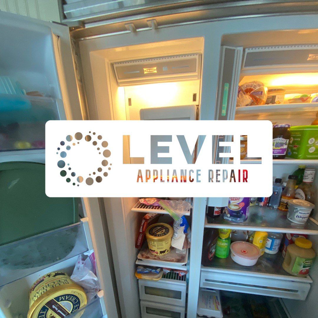 Refrigerator with open doors, filled with food; logo for Level Appliance Repair.