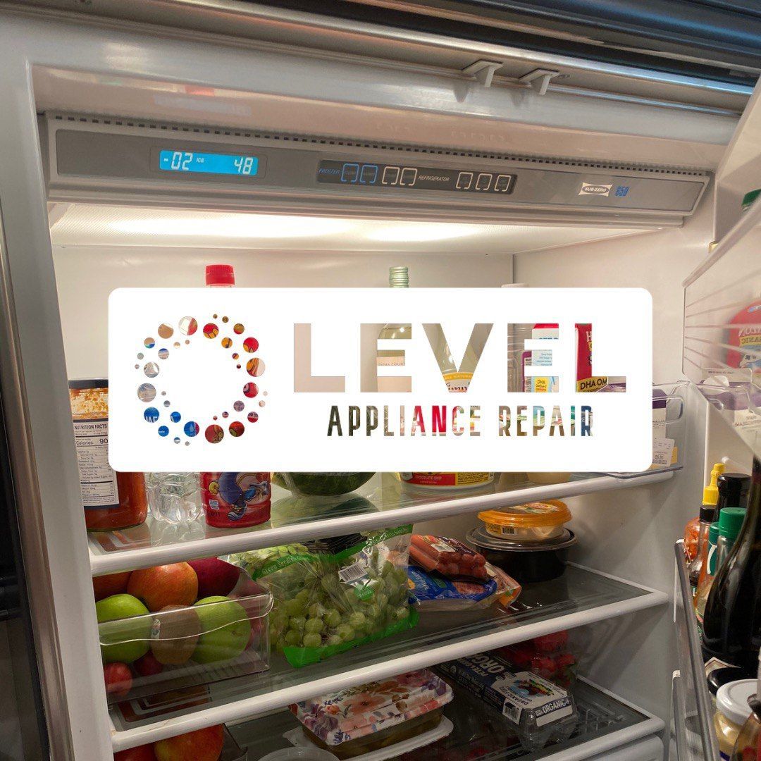 Refrigerator interior with food, Level Appliance Repair logo superimposed.